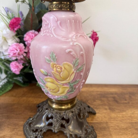 Vintage Pink Milk Glass Oil Lamp with Yellow Rose Relief and Ornate Brass Base V - Picture 1 of 6